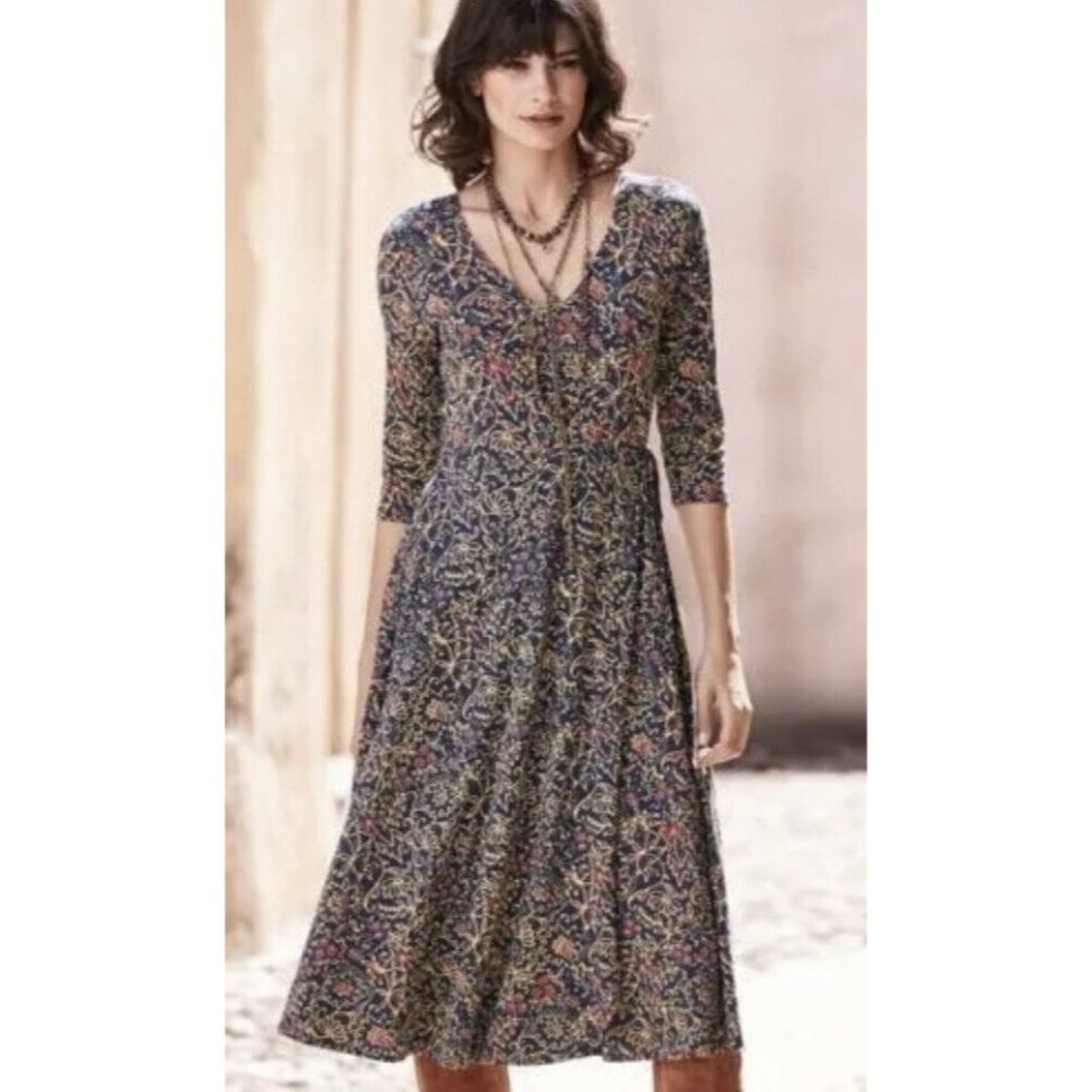 PERUVIAN CONNECTION Faux Wrap Dress V-Neck A-Line Tie Waist 3/4 Sleeve Medium